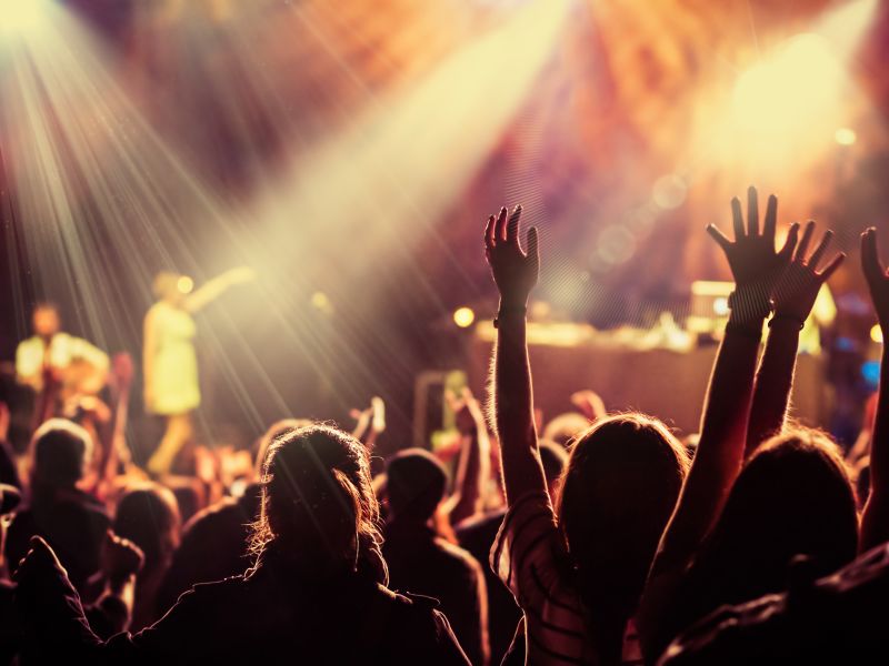 Festival goers in front of stage with hands in the air