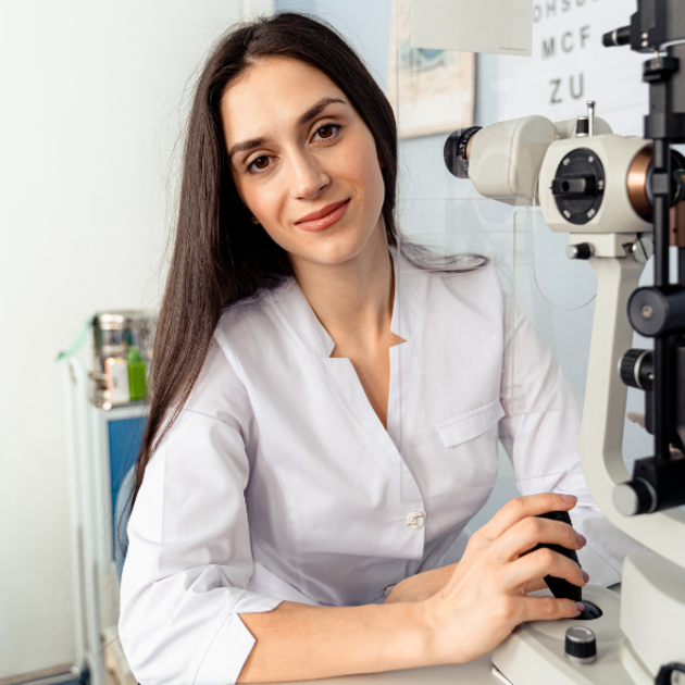 A smiling optometrist with an Eye Examination Equipment.