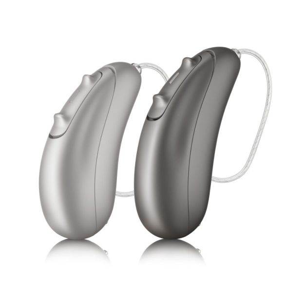 Unitron Vivante hearing aids in light and dark grey colors, designed as Receiver In Canal (RIC) models, displayed together to showcase their sleek appearance.