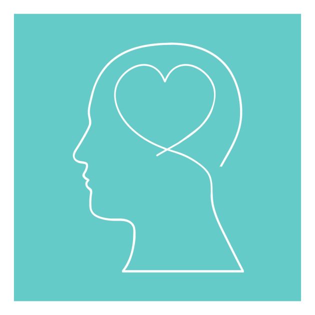 A man's head with a heart in it graphic.