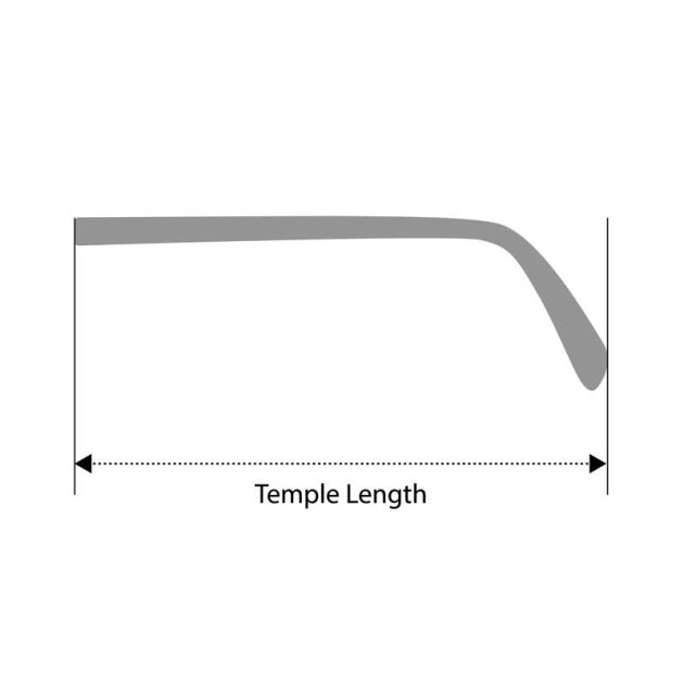Diagram of eyeglasses highlighting the temple length, illustrating its measurement.