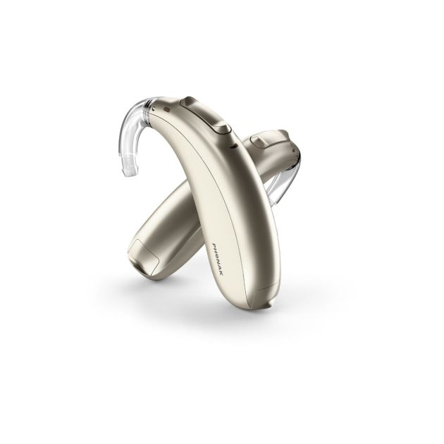Phonak Naida Lumity hearing aids in champagne colour.