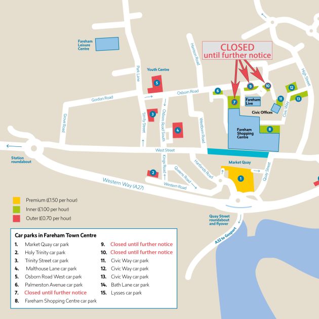 Map of Fareham town centre with parking facilities.