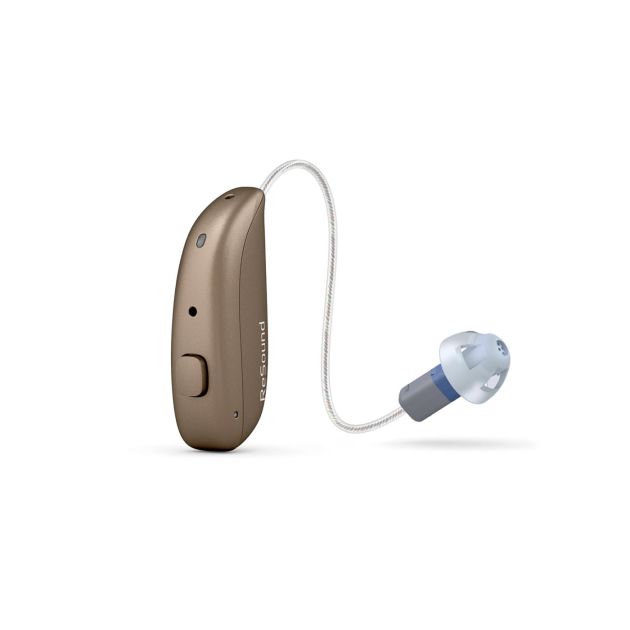 A ReSound Nexia hearing aid in bronze colour, displayed on a clear background, showcasing its sleek microRIE (Micro Receiver-in-Ear) design and compact size.