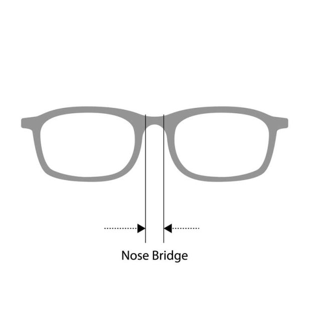 Diagram of eyeglasses highlighting the bridge width, illustrating its measurement.