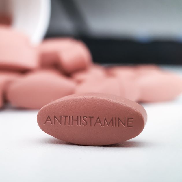 Close up of antihistamine, allergy pills, on a table.