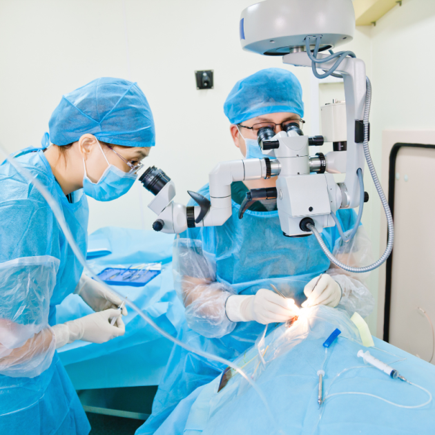 Two doctors doing cataract surgery in operating room.