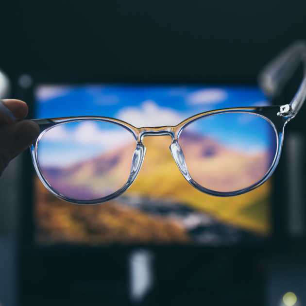 Selective focus on transparent clear blue light computer glasses and computer screen glowing on the background in home or office.