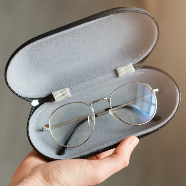 Silver glasses, black and case glasses and microfiber cloth inside of case.