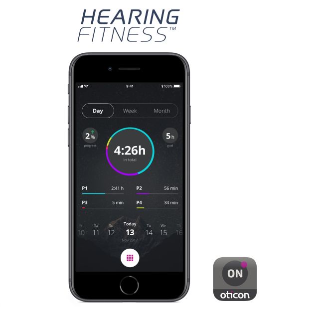 Oticon hearing aids being used on hearing fitness app.