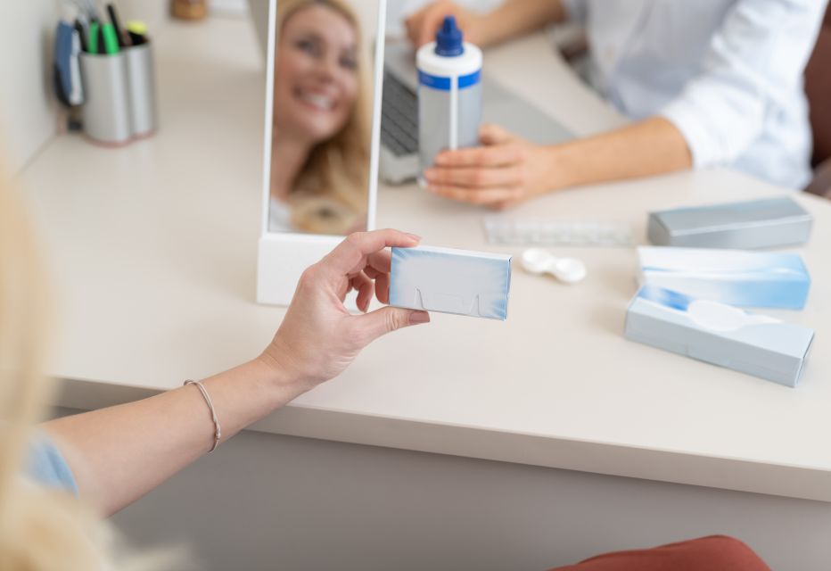 Close-up of a female hand holding a small blue and white box containing contact lenses, with a doctor holding a bottle of lens solution in the blurred background.