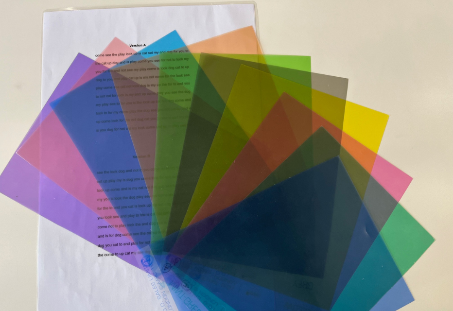 Text with coloured overlays that patients have to read during an overlay test for visual stress.