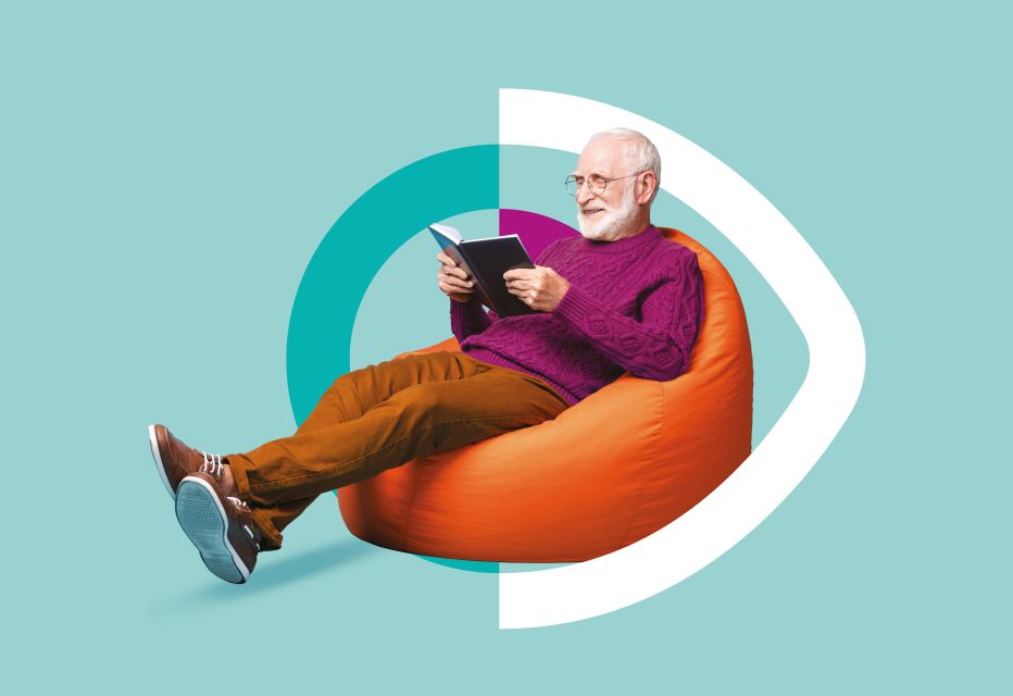 Image illustrating 'See Now, Pay Later,' featuring an elderly man reading comfortably on a beanbag, alongside the new logo of the payment plan.