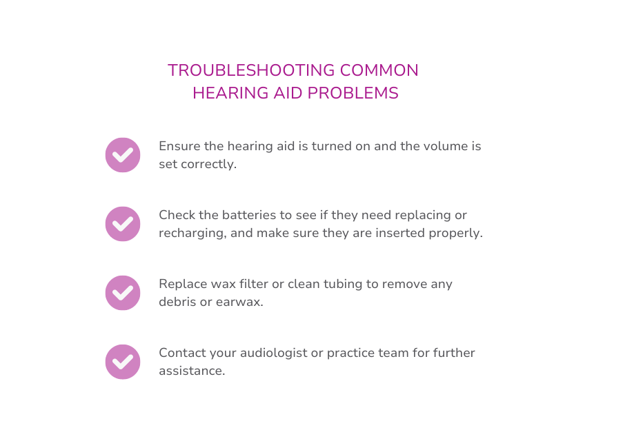Checklist of common troubleshooting problems for hearing aids, outlining potential issues and solutions for users.