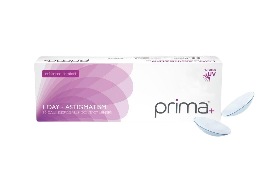 A box of 30 daily disposable contact lenses designed for individuals with astigmatism, with several lenses displayed in front of the box.