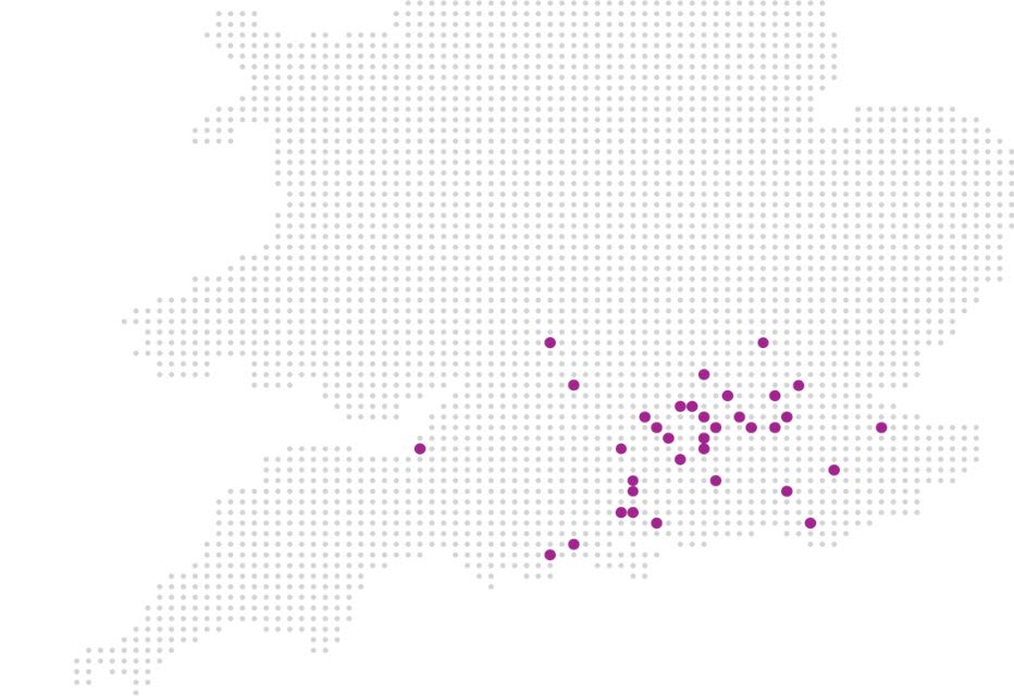 Diagram of the southern region of England highlighting Leightons locations marked by purple spots, indicating various optician branches.
