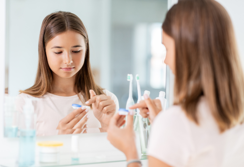 A young teenager in her bathroom preparing to put in her contact lenses.