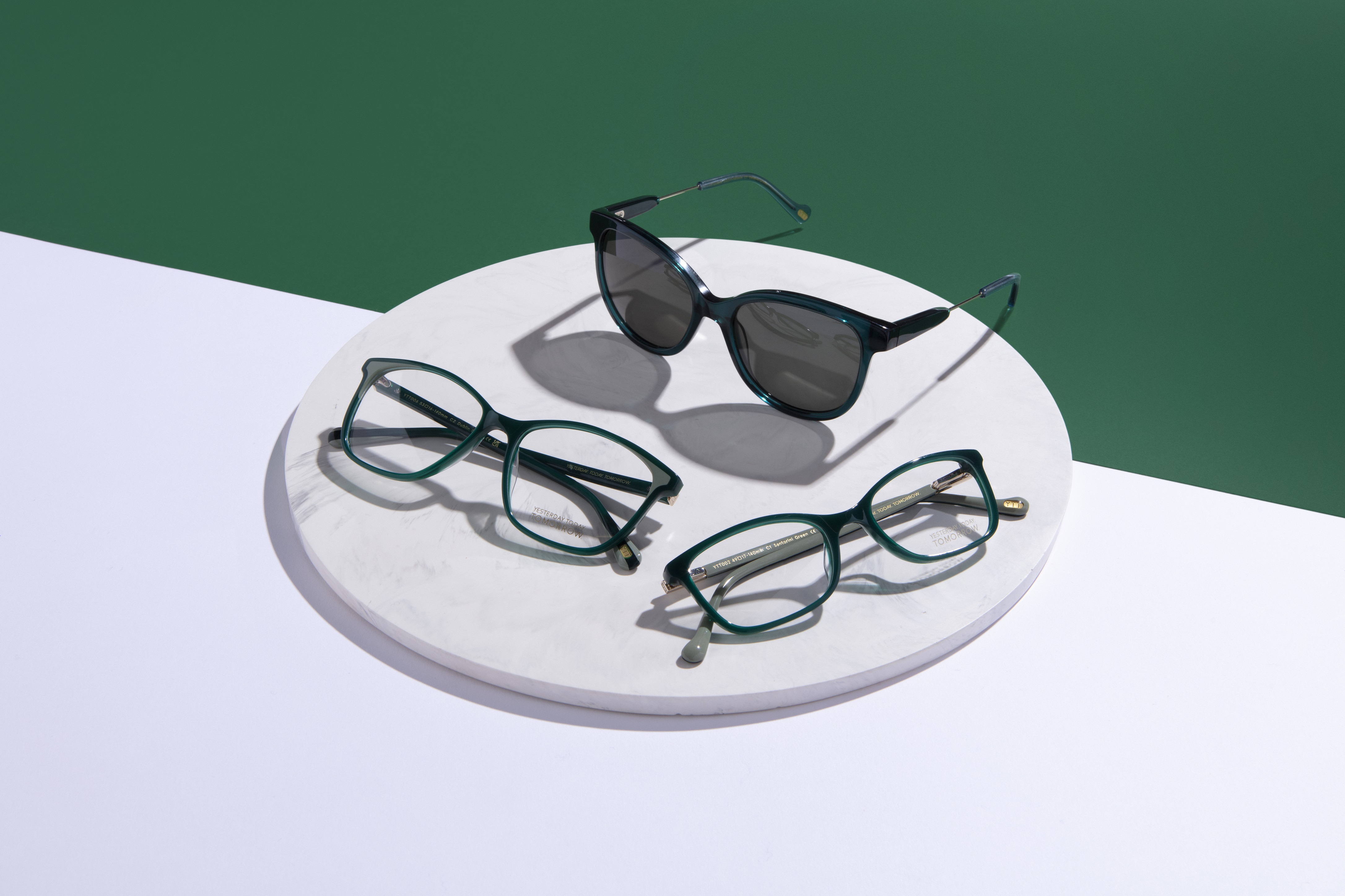 Two Yesterday. Today. Tomorrow. 'Dublin Green' eyewear model and a pair of sunglasses.