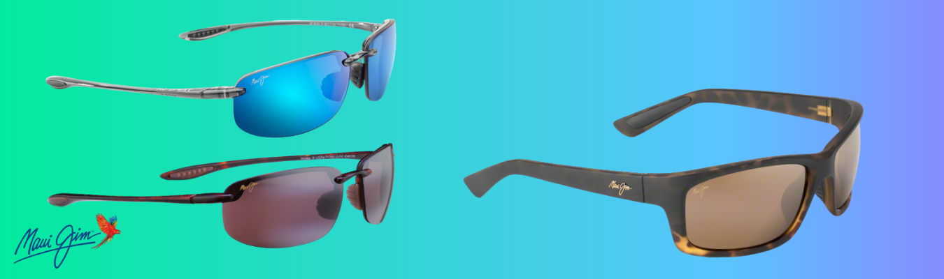 Different models of sunglasses from the Maui Jim brand.