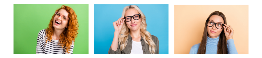 Images of women with different hair colors wearing glasses, showcasing a variety of styles and looks.