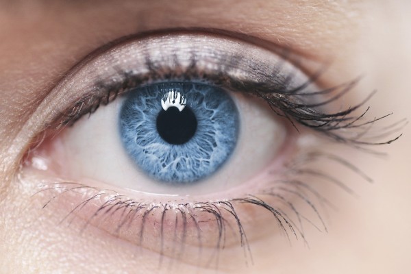 A close-up of a woman's blue eye.