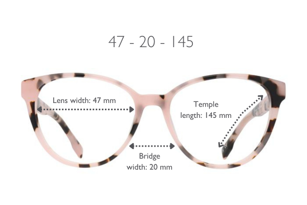 Example of glasses frame size labeled 47-20-145, indicating lens width, bridge width, and temple length.