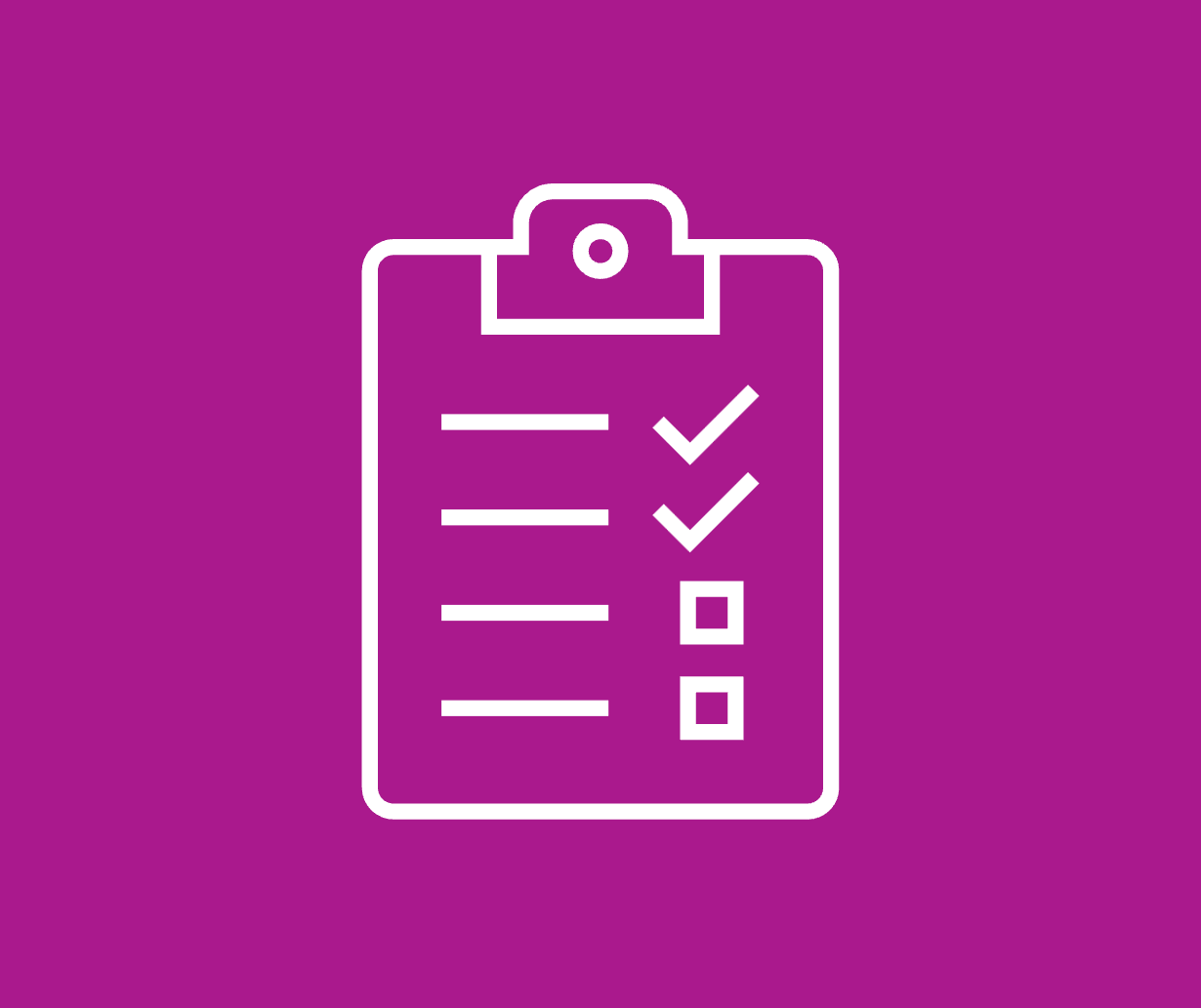 Checklist icon on a fuchsia background.