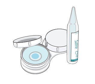 A diagram showing the correct placement of contact lenses in a case filled with disinfecting solution.