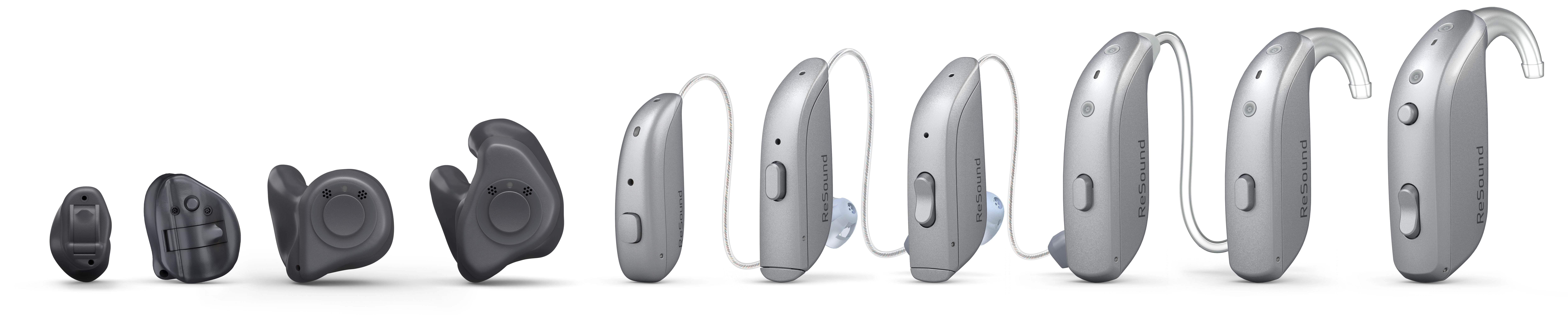 A full lineup of ReSound Nexia hearing aids showcasing various models in grey and black colours, including microRIE, RIE, and custom styles.
