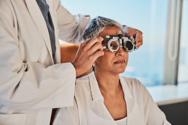 An elderly woman undergoing a comprehensive eye examination with an eye care professional during a medical consultation.