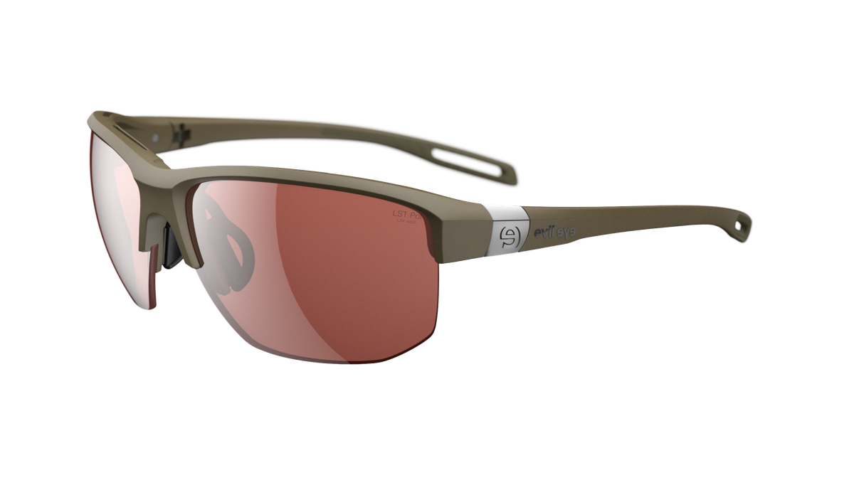Sunglasses from the Elate.T collection, featuring a khaki matt frame and LST® pol silver M lenses.