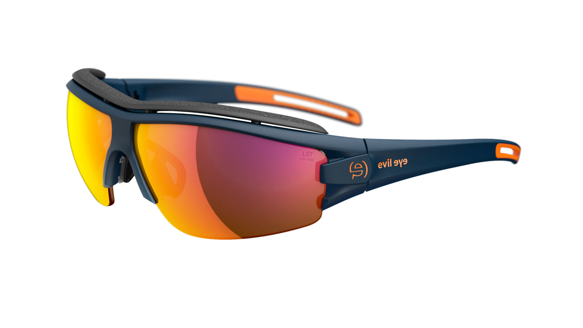 Sunglasses from the Evil Eye Trace Pro series, featuring a dark blue matt frame and lenses with an orange hue.