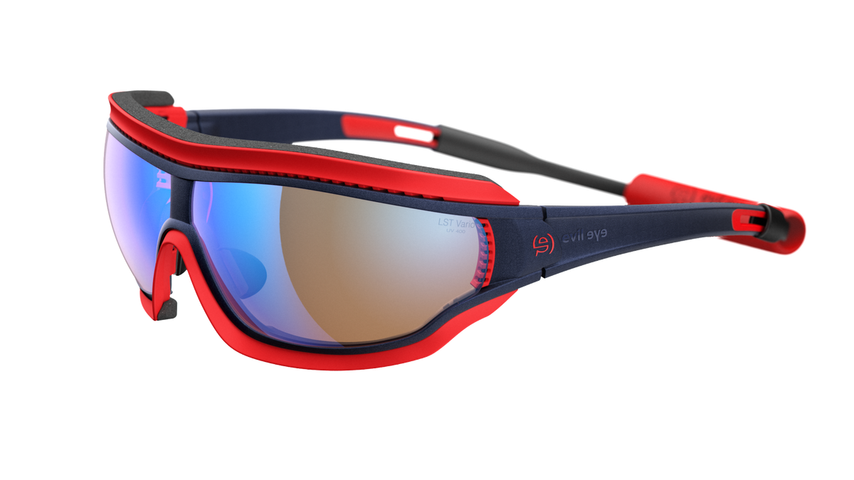 Sunglasses from the Evil Eye Fusor Pro collection, featuring a navy metallic frame and LST blue light VARiO M lenses.