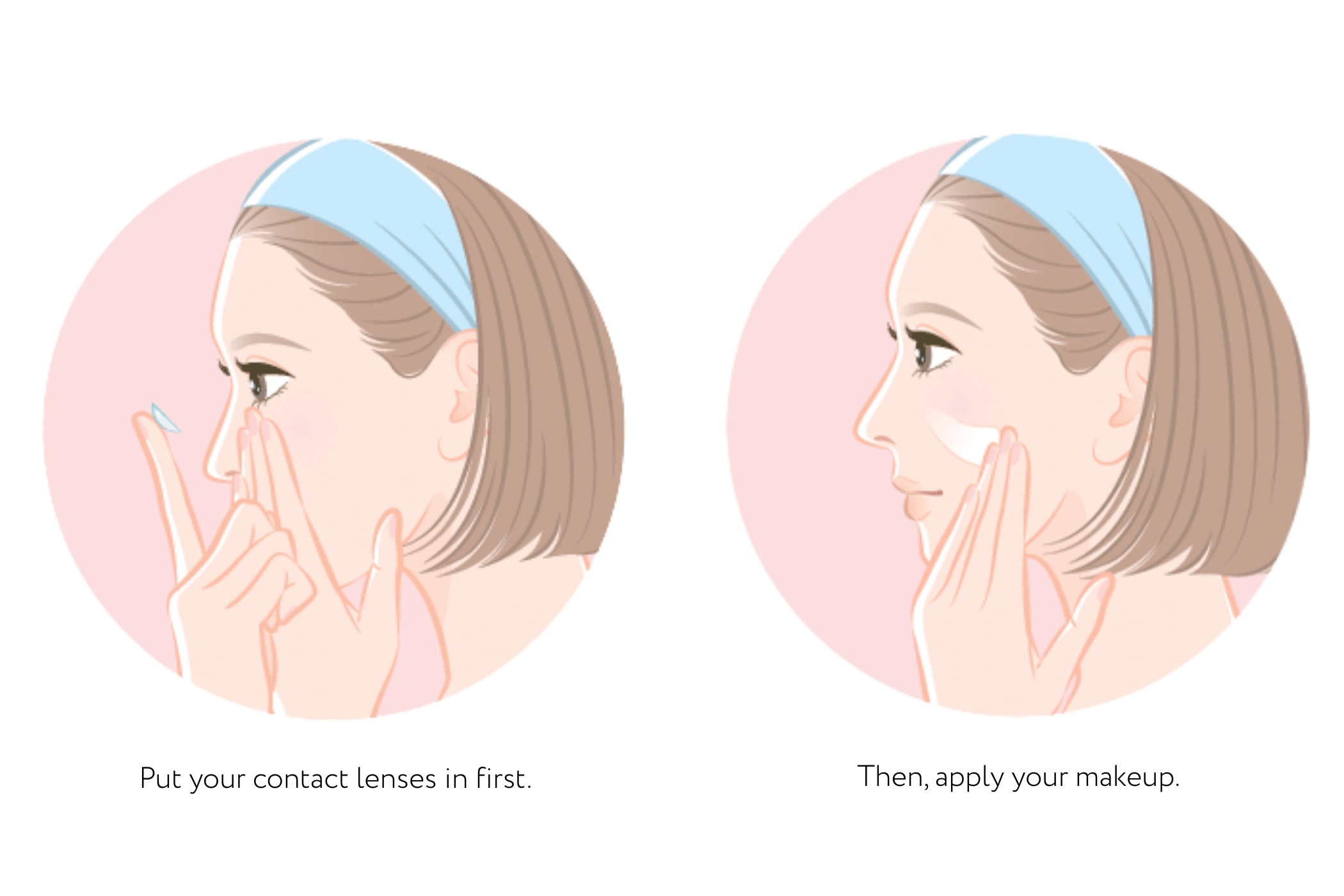 Infographic illustrating a woman applying contact lenses before makeup.
