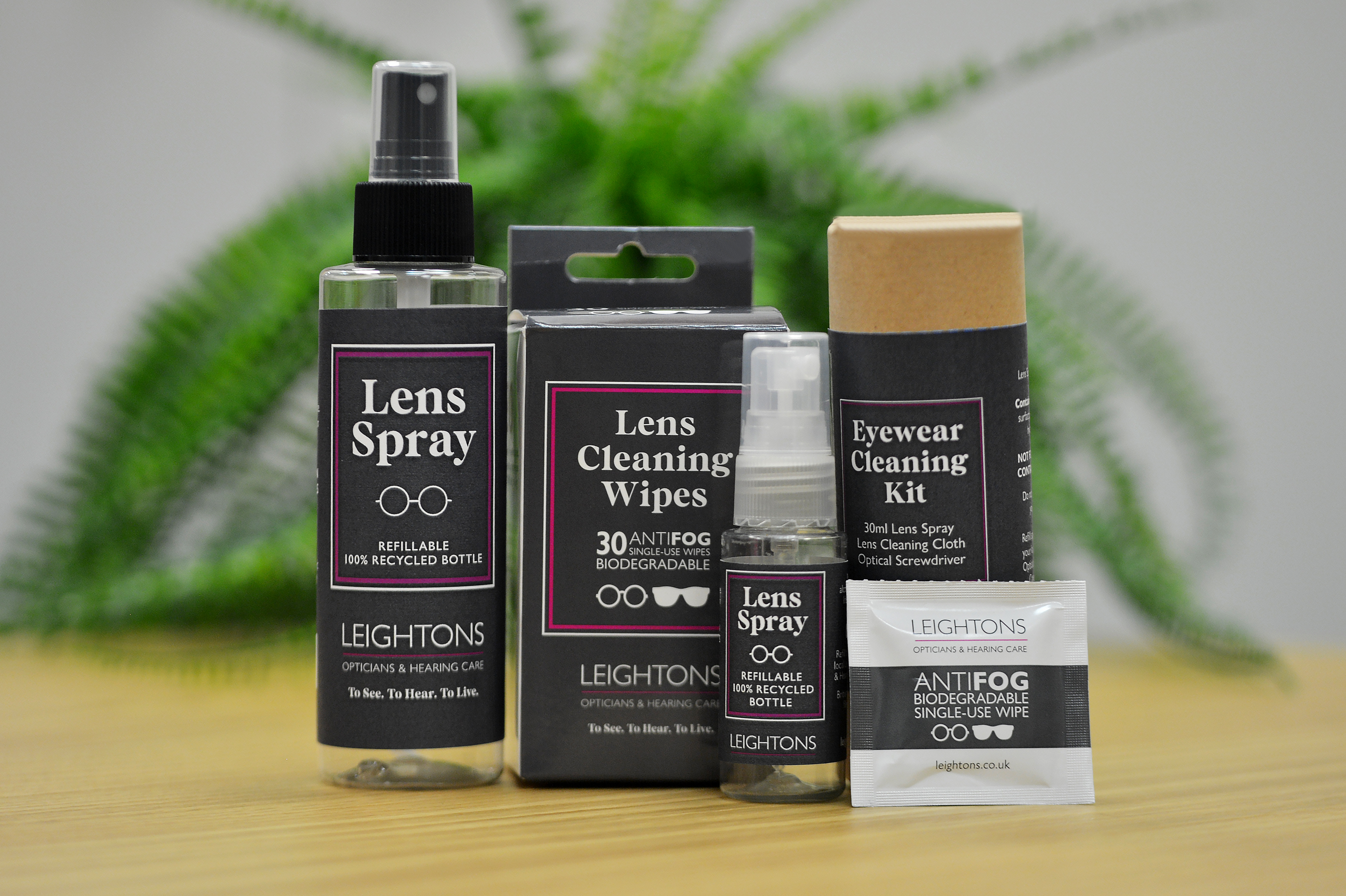 Lens cleaning product for glasses accompanied by anti-fog wipes.