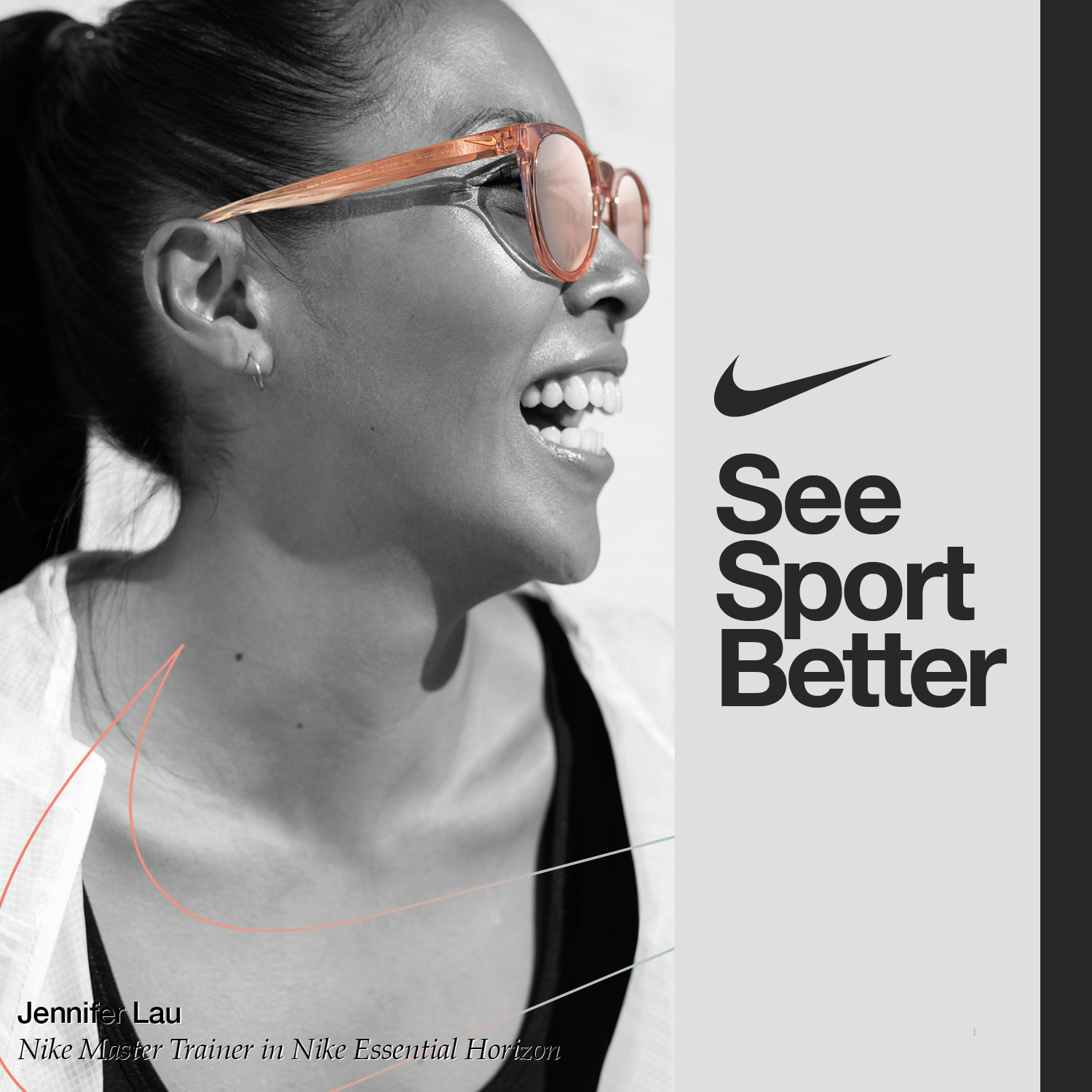 Nike campaign poster with Jennifer Lau wearing beige sunglasses.