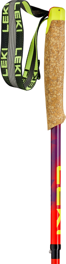 Ski pole grip with cork covering, yellow-accented top and attached textile wrist strap; red shaft with yellow markings and adjustable clamp