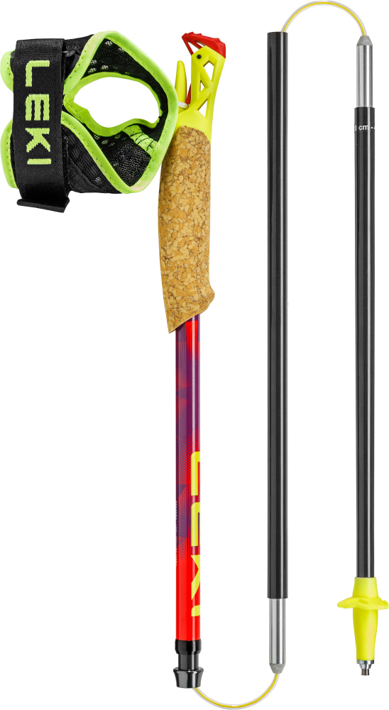 Collapsible ski pole with cork grip, neon yellow strap and red and black telescopic shaft segments.