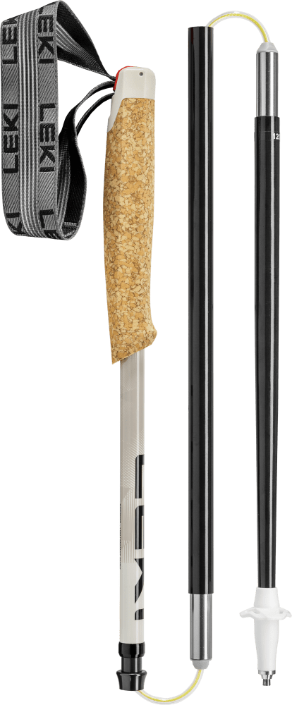 Folding trekking pole with cork grip and wrist strap, three black sections linked by internal cord, metal tip with small basket