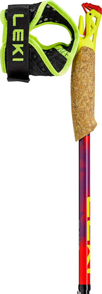 Ski/trekking pole grip with cork surface and neon strap, mounted on a red patterned shaft.