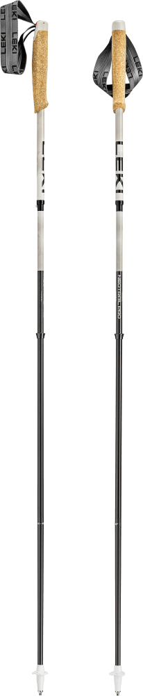 Pair of adjustable trekking poles with cork grips, wrist straps, two-section aluminum shafts and metal tips