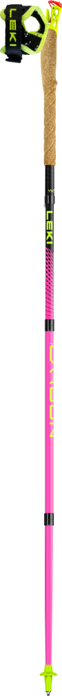 Ski pole with cork grip, adjustable pink shaft, neon yellow basket and wrist strap