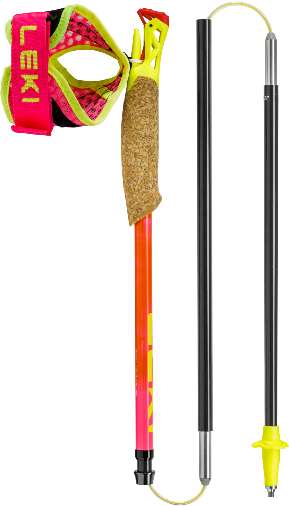 Trekking pole components shown: cork grip with neon pink wrist strap, orange-black shaft, folded black segments and yellow tip.