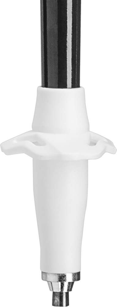 Ski pole tip with white plastic basket and metal tip, attached to the shaft for support in snow