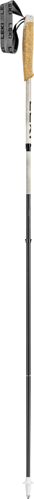 Trekking pole with cork grip and wrist strap, full shaft shown vertically with lower basket attached.