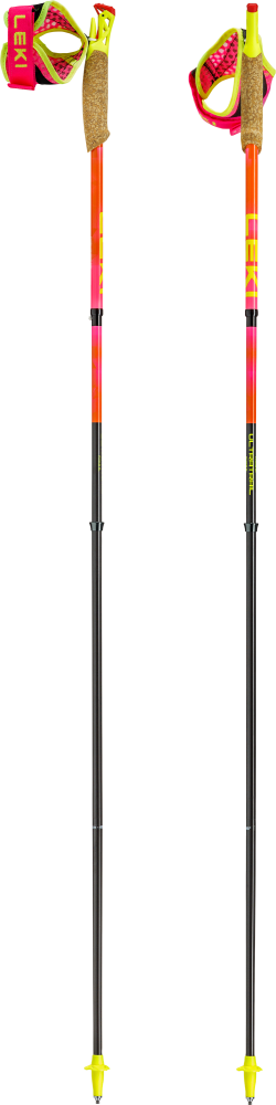 Pair of adjustable trekking poles shown side by side with cork grips, neon-pink wrist straps, orange-black shaft and yellow tip baskets.