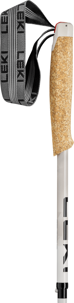Ski pole grip with cork covering, white plastic top and grey-black woven wrist strap; white pole shaft visible
