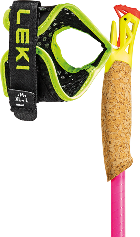 Stockgriff mit Korküberzug, gelb-orange Kunststoff-Adapter und pinkem Schaft; schwarze Handschlaufe mit neon-grünem Rand befestigt