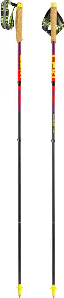 Pair of lightweight trekking poles with cork grips, adjustable wrist straps, colorful gradient shafts and yellow tips
