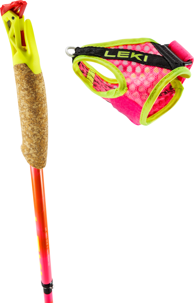 Pole handle with removable wrist strap, cork grip visible, yellow plastic top pieces, neon-pink mesh strap with green trim and red-orange sh